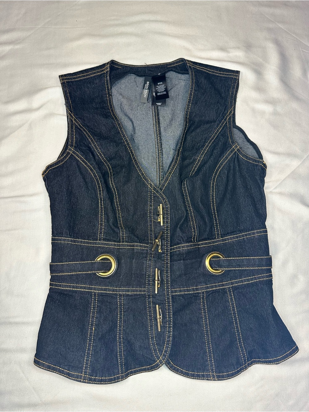 Bisou Bisou Dark Blue Denim Vest with Gold Stitching